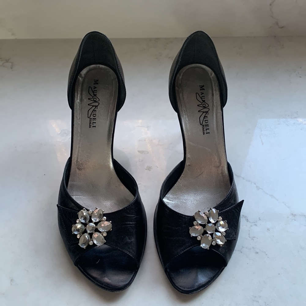 Leather Peep Toe Heels with Gems / kitten heels